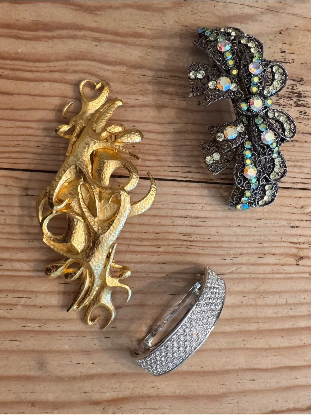 Vintage hammered Gold Dancing Sculpture, Victorian and diamond French hair clips